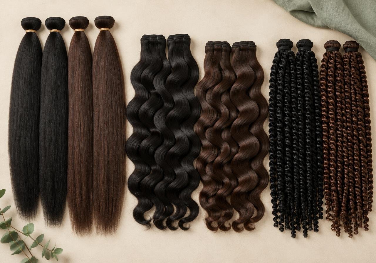 Illustrative collection preview of straight braiding hair, wavy bundles and textured twists