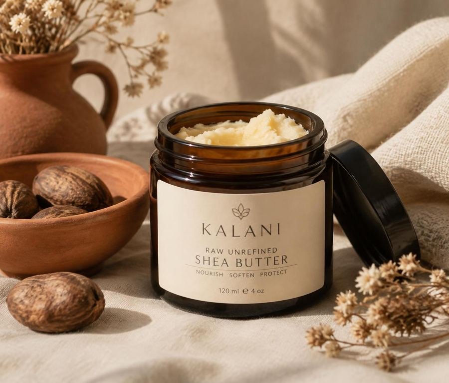 Raw unrefined shea butter in an open jar