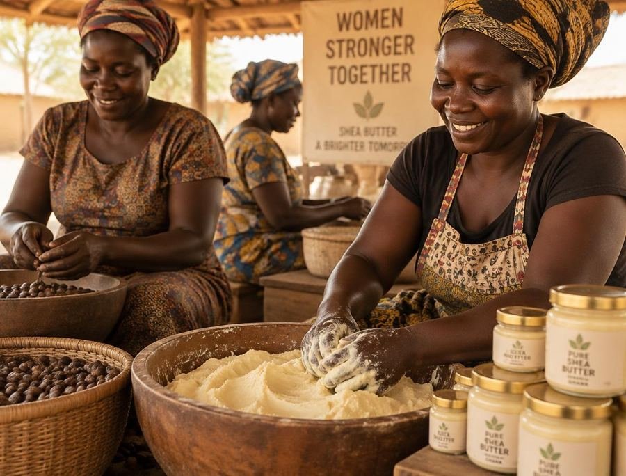 Women churning shea butter by hand at a cooperative in northern Ghana